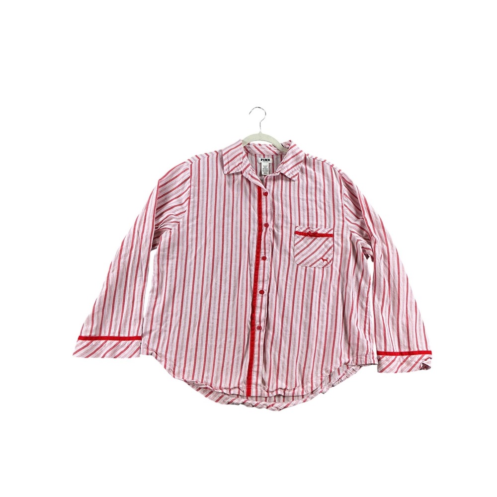 Victorias Secret PINK Pajama Top XL Red White Stripe Button Down Sleep Shirt